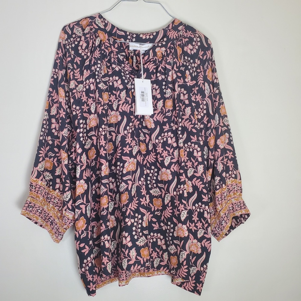 NWT Natalie Martin Silk Remy Top Blouse Sweet Autumn Black Small Floral Flowy